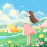 女孩在草地享受美好时光