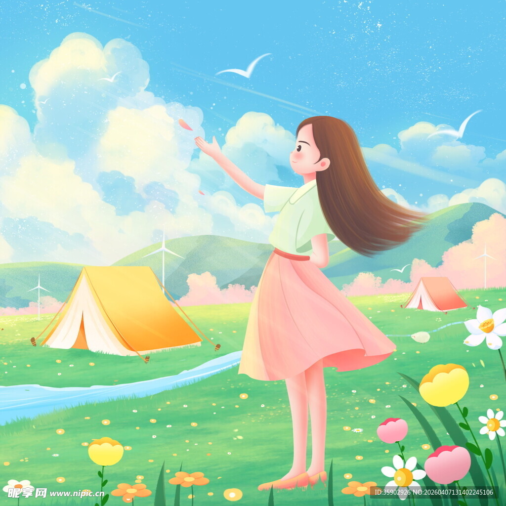 女孩在草地享受美好时光