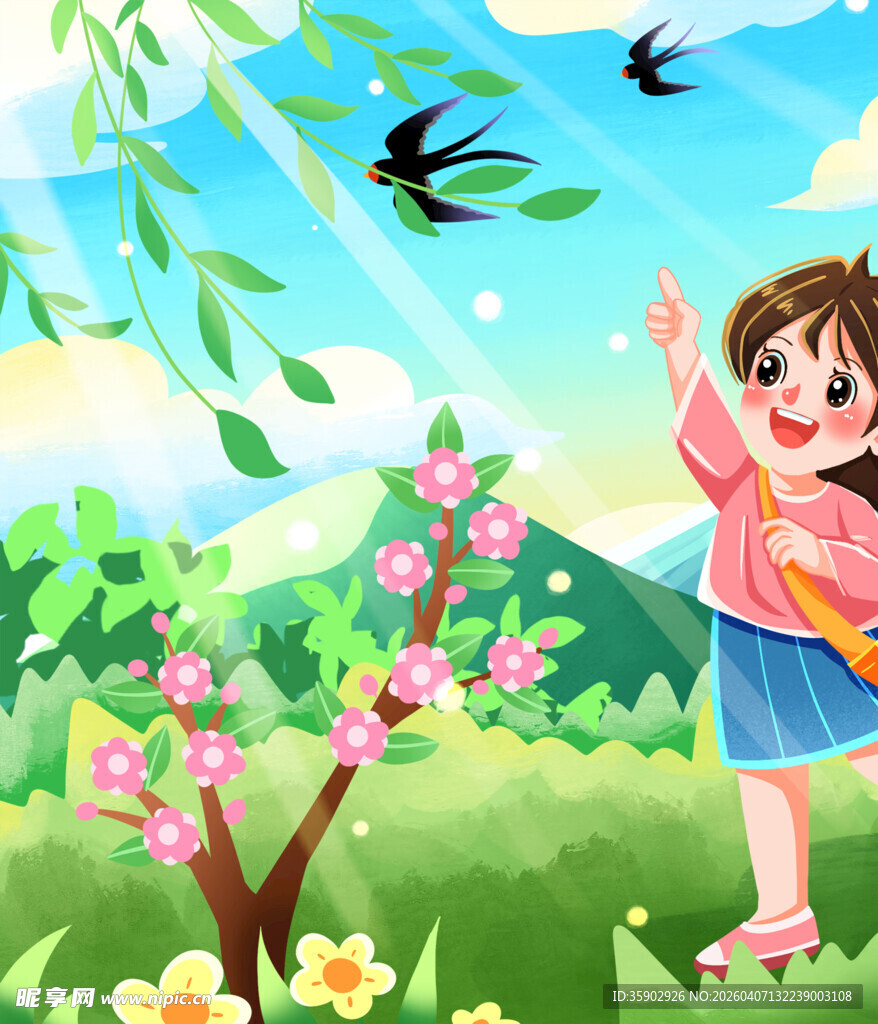 女孩在春日花丛中欢快玩耍