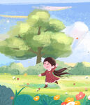 女孩在春日草地快乐奔跑