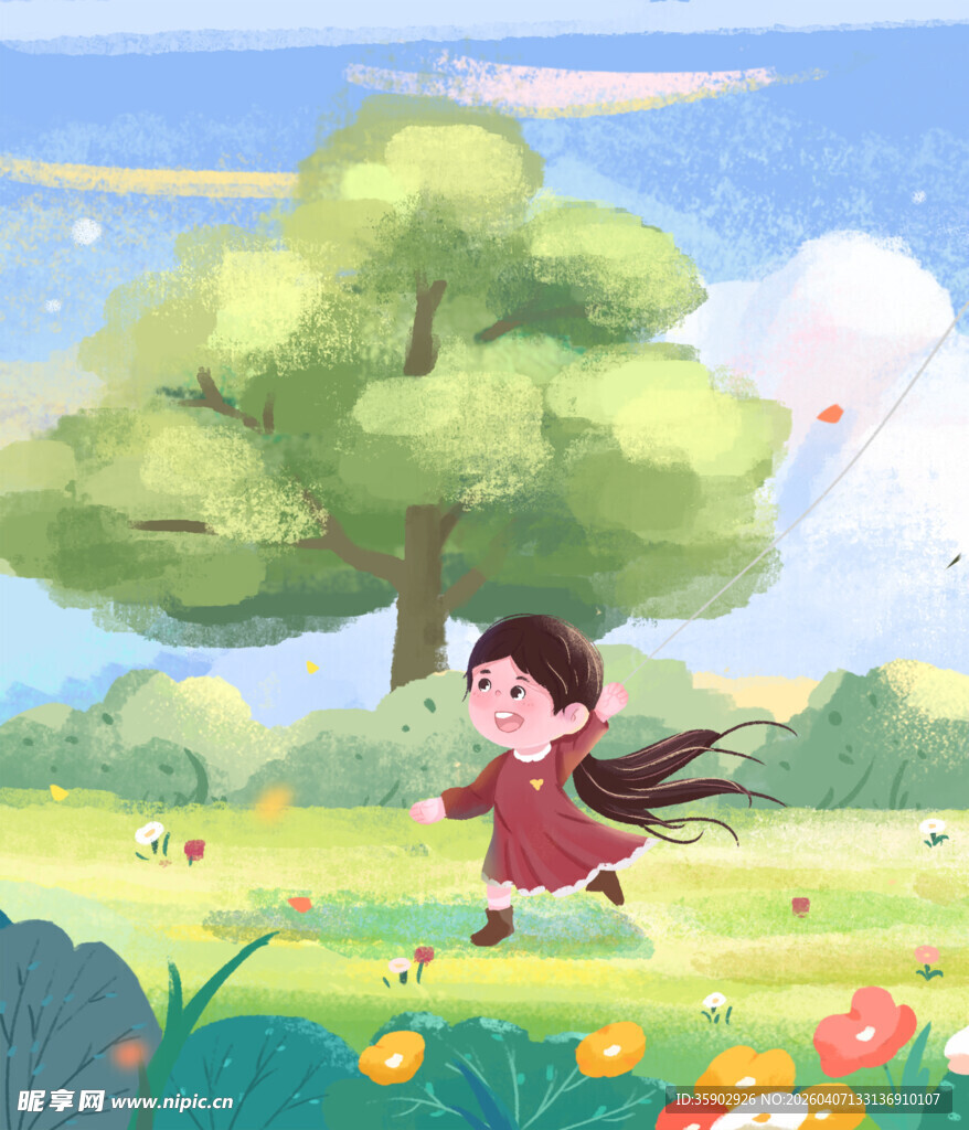 女孩在春日草地快乐奔跑