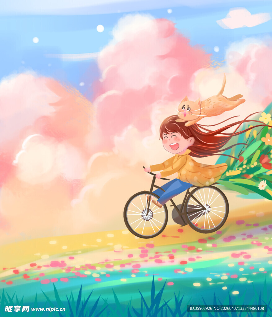 女孩骑行于梦幻花海间