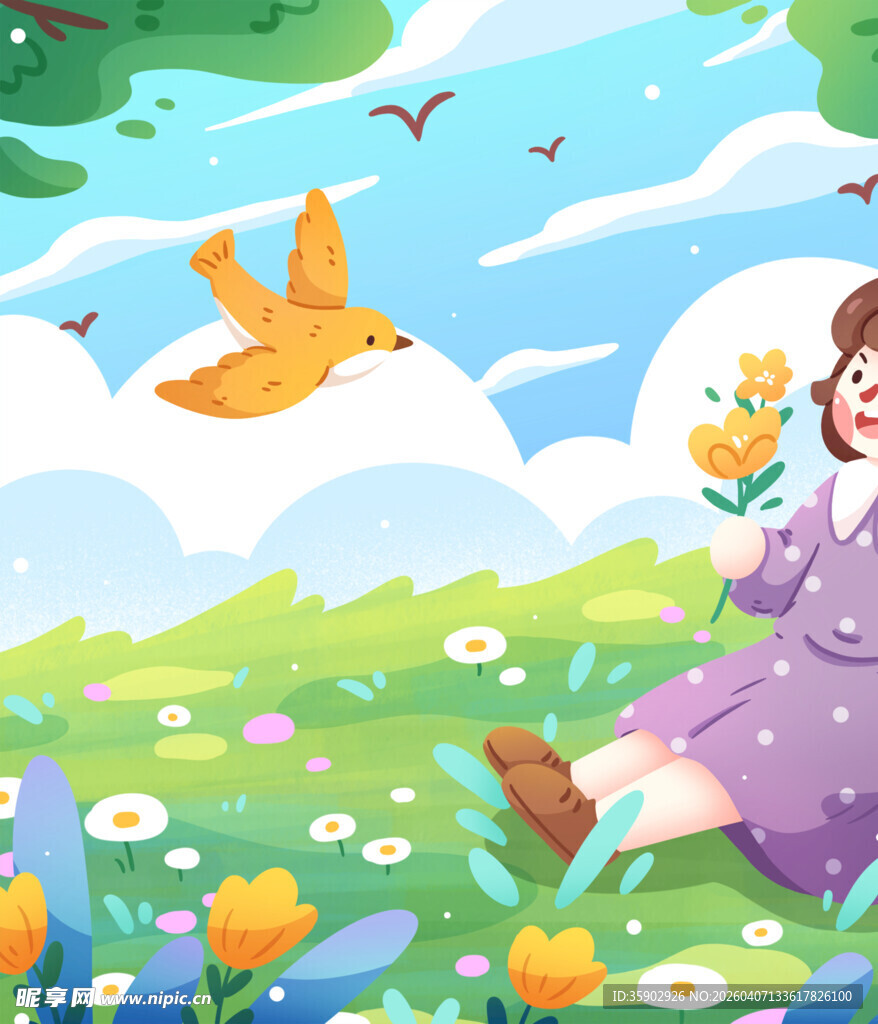 女孩于春日花丛中惬意赏景