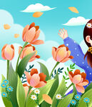 女孩置身烂漫郁金香花丛