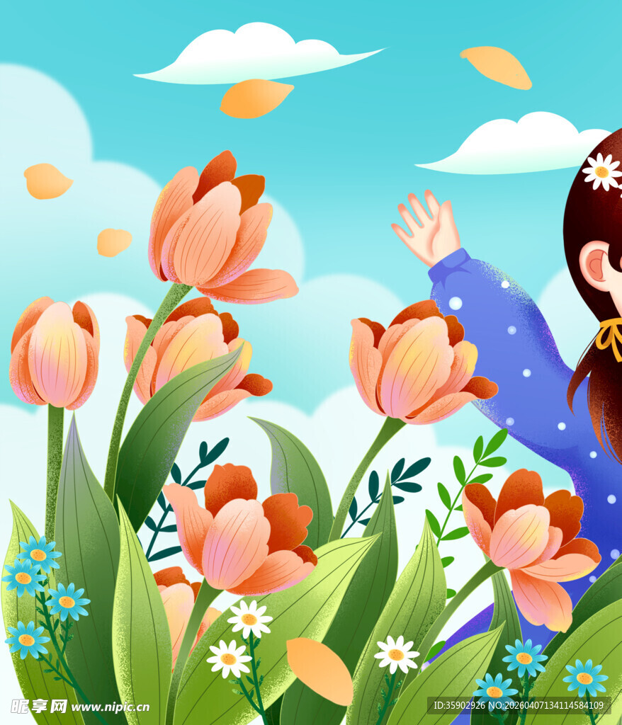 女孩置身烂漫郁金香花丛