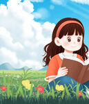 女孩草地阅读美好瞬间