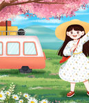 春日女孩与露营车的美好邂逅