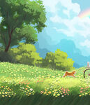 彩虹下的草地与奔跑小狗