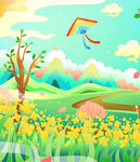 春日田野放风筝的美好场景