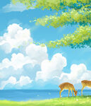 草原上的双鹿与蓝天白云