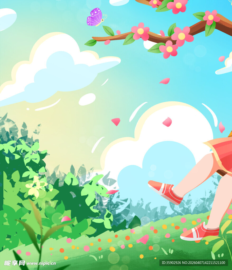 春日少女漫步繁花草地