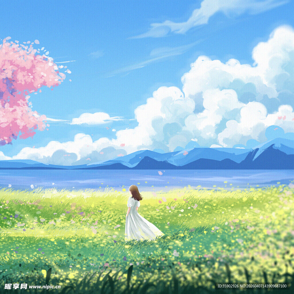 漫步花海的白衣女子