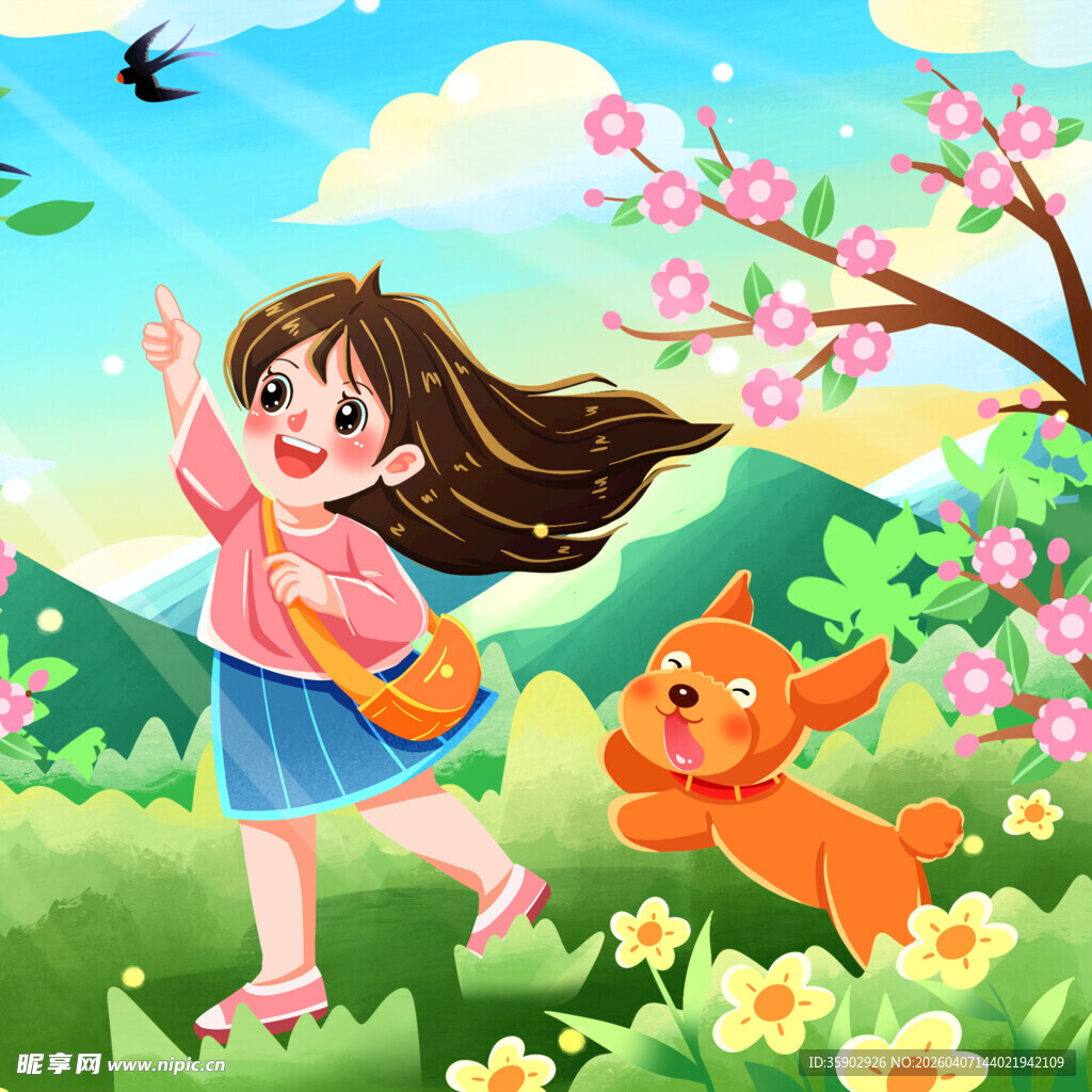 女孩与小狗的春日欢乐行