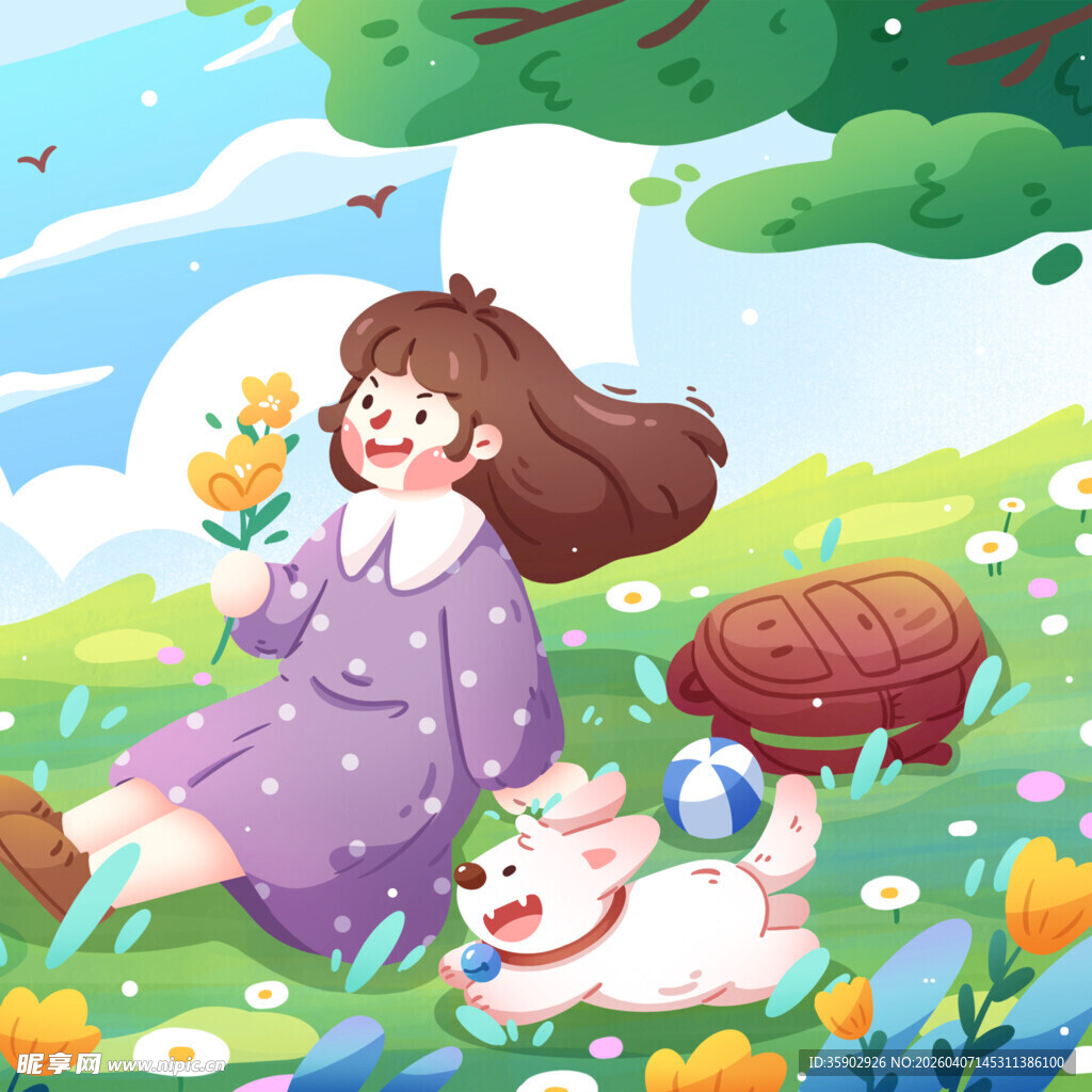 女孩与猫在春日草地嬉戏