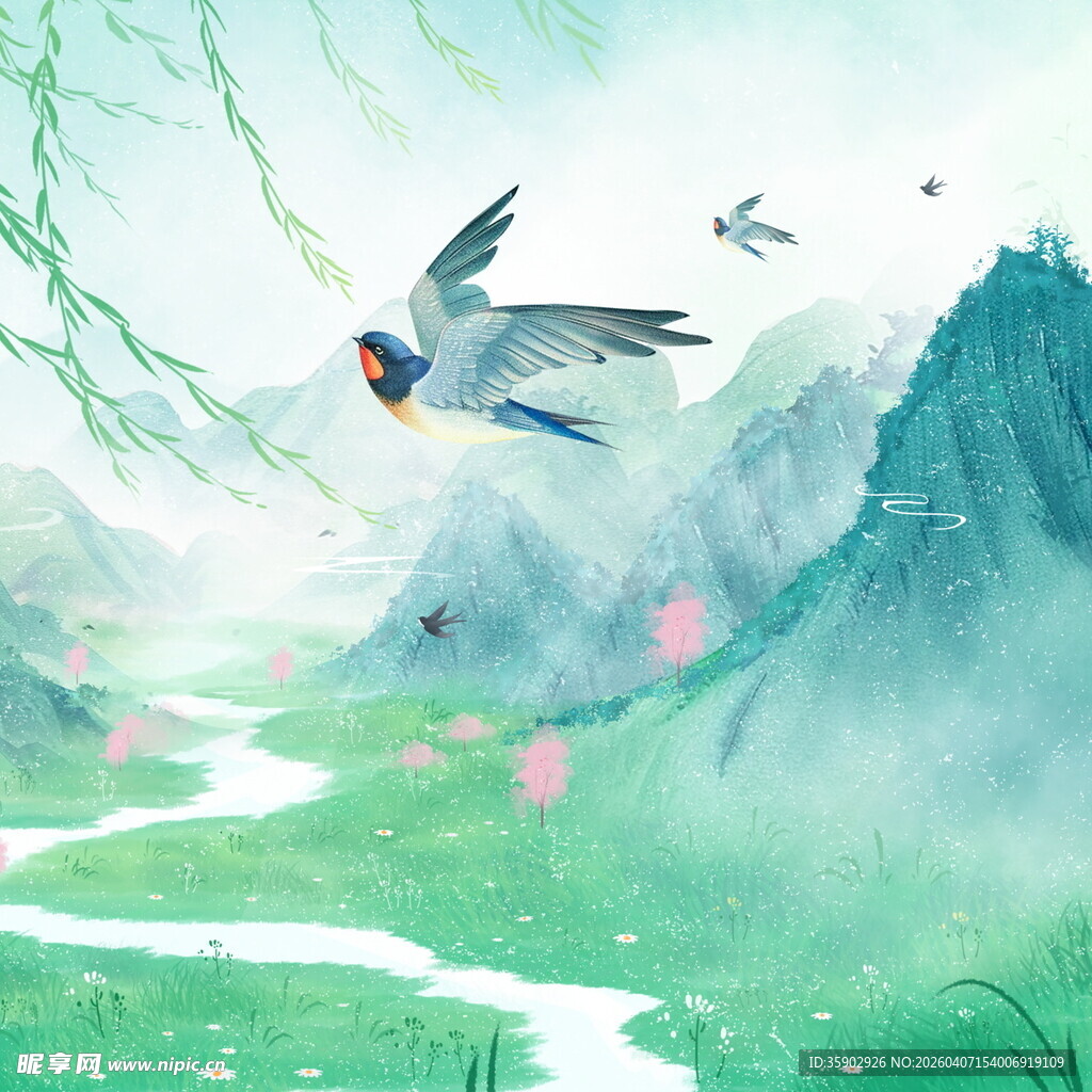 春日飞鸟伴山水美景