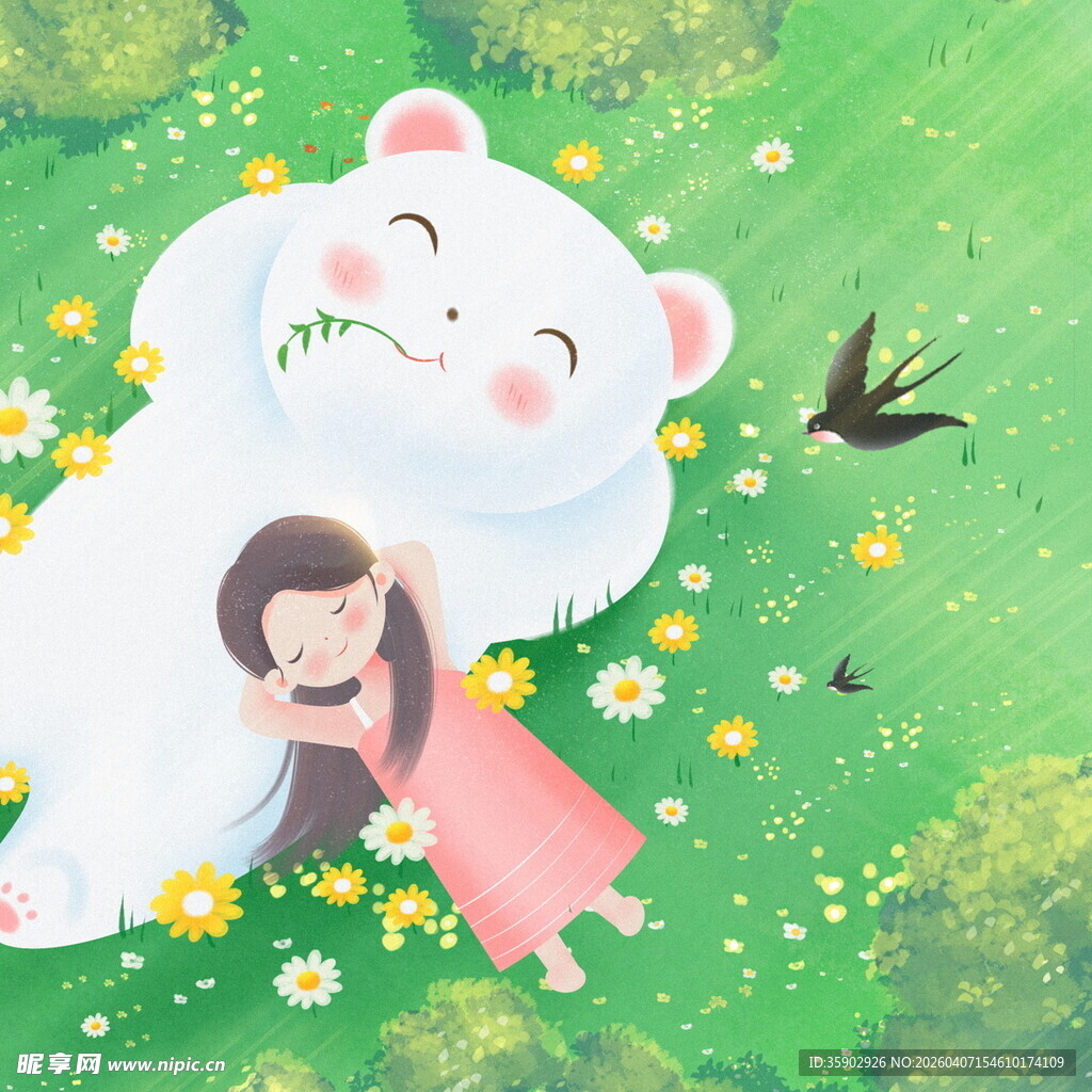 女孩依偎白熊于绿野花海