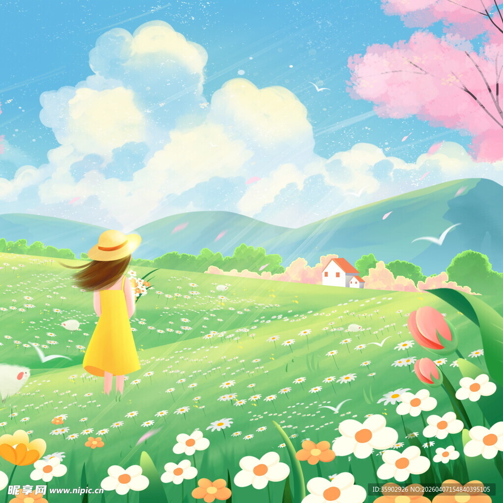 漫步春日花海的少女