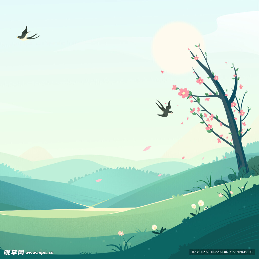 春日山坡上的树与飞鸟