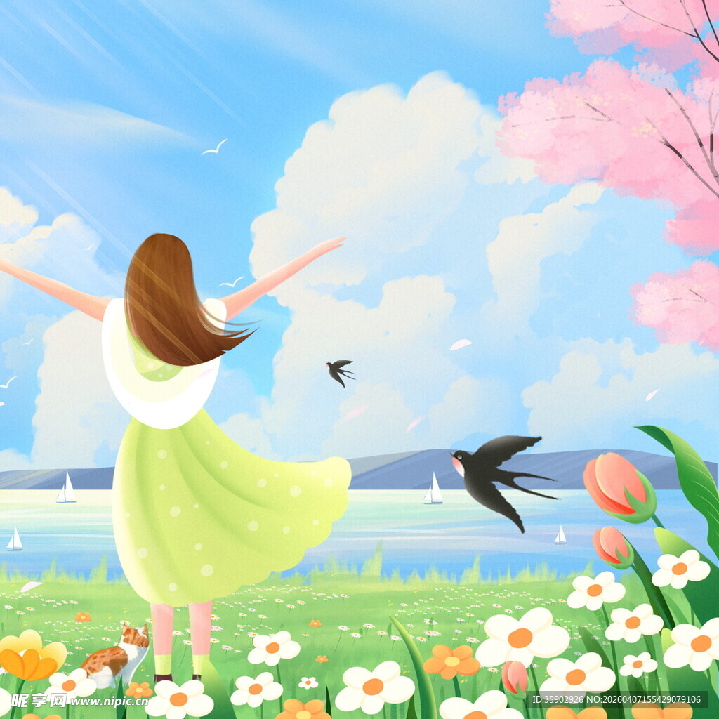 春日少女在花海中惬意舒展