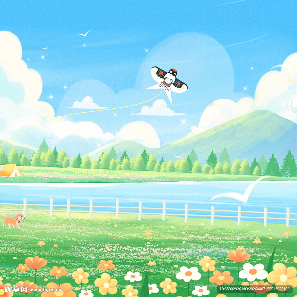 春日草原上的飞翔小狗