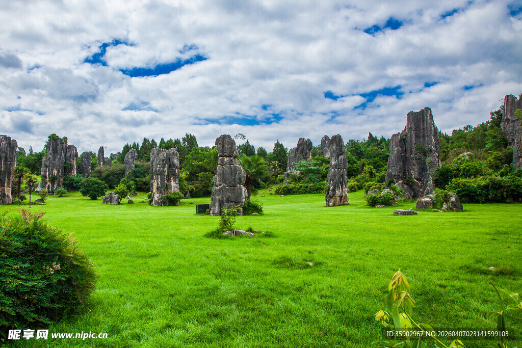 绿草如茵中的古老石柱群
