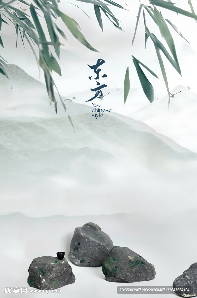 水墨山水意境石头竹叶图