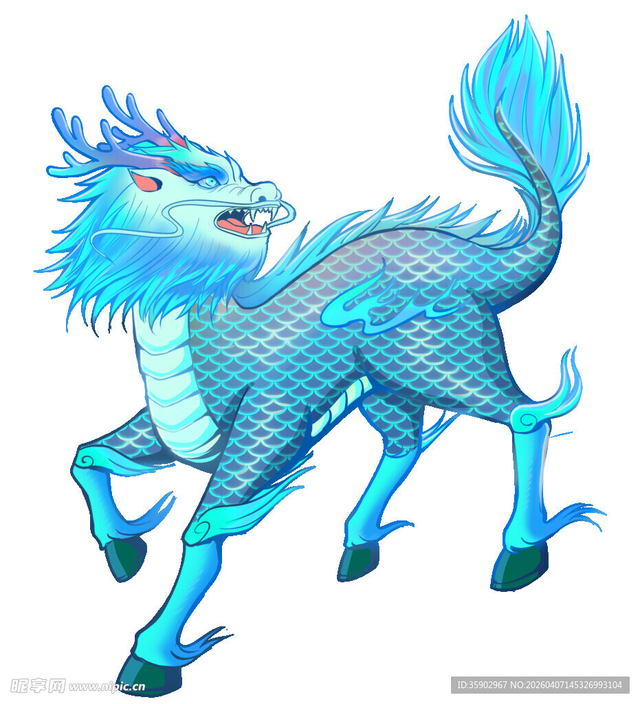 蓝色麒麟插画形象
