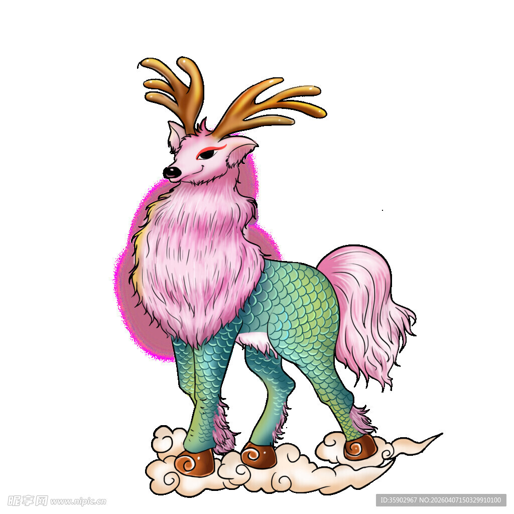 梦幻粉色鹿角神兽插画