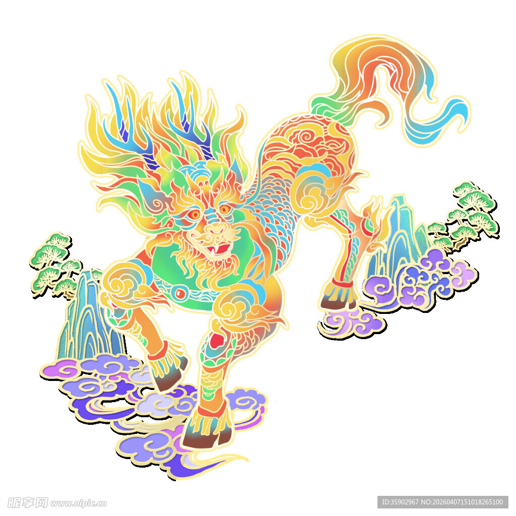 五彩祥瑞麒麟插画图案