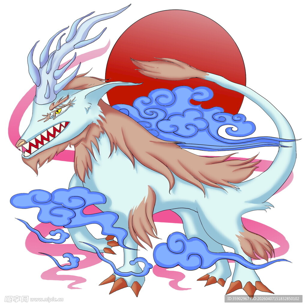 日式神话白龙与红日祥云