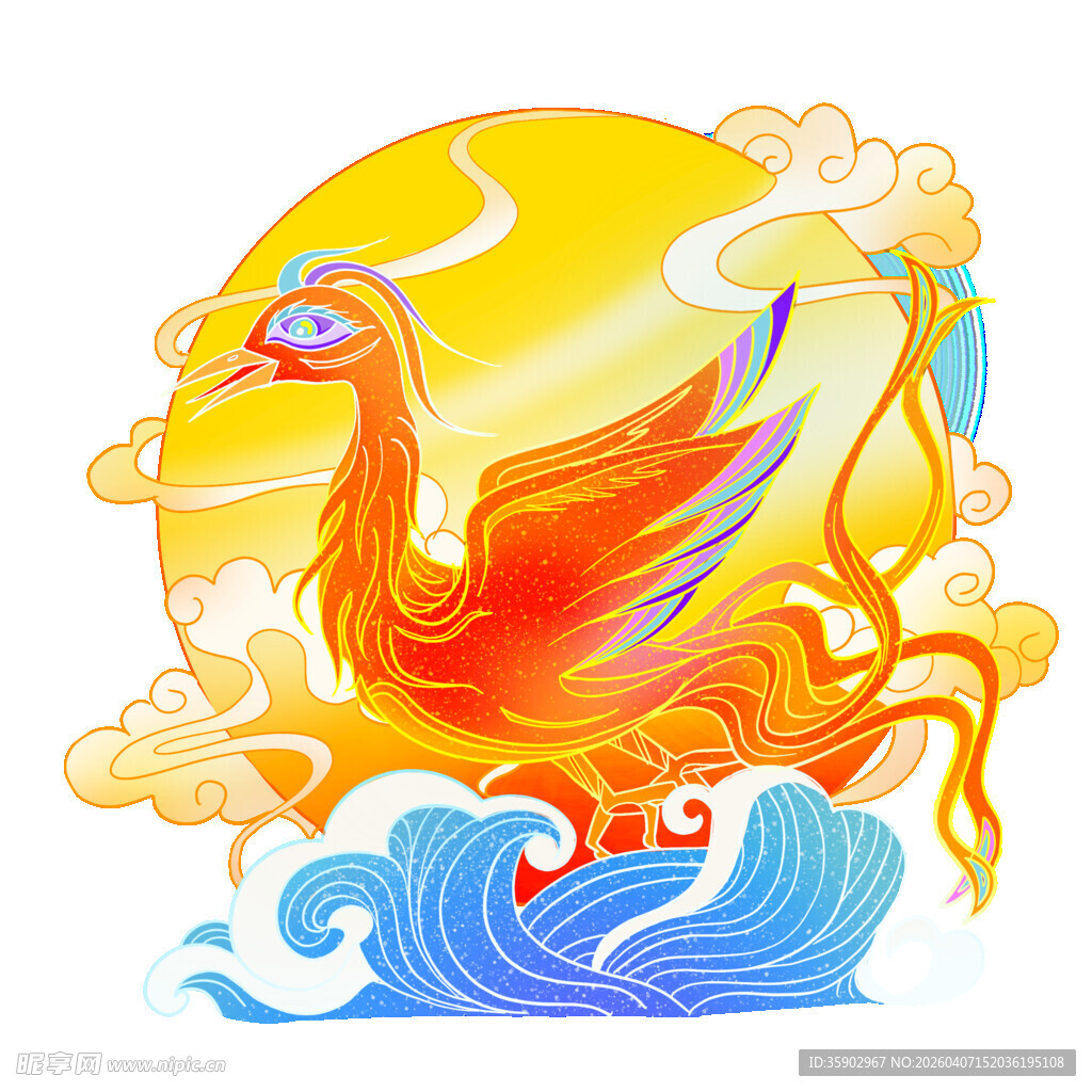 凤凰踏浪于霞光云海间