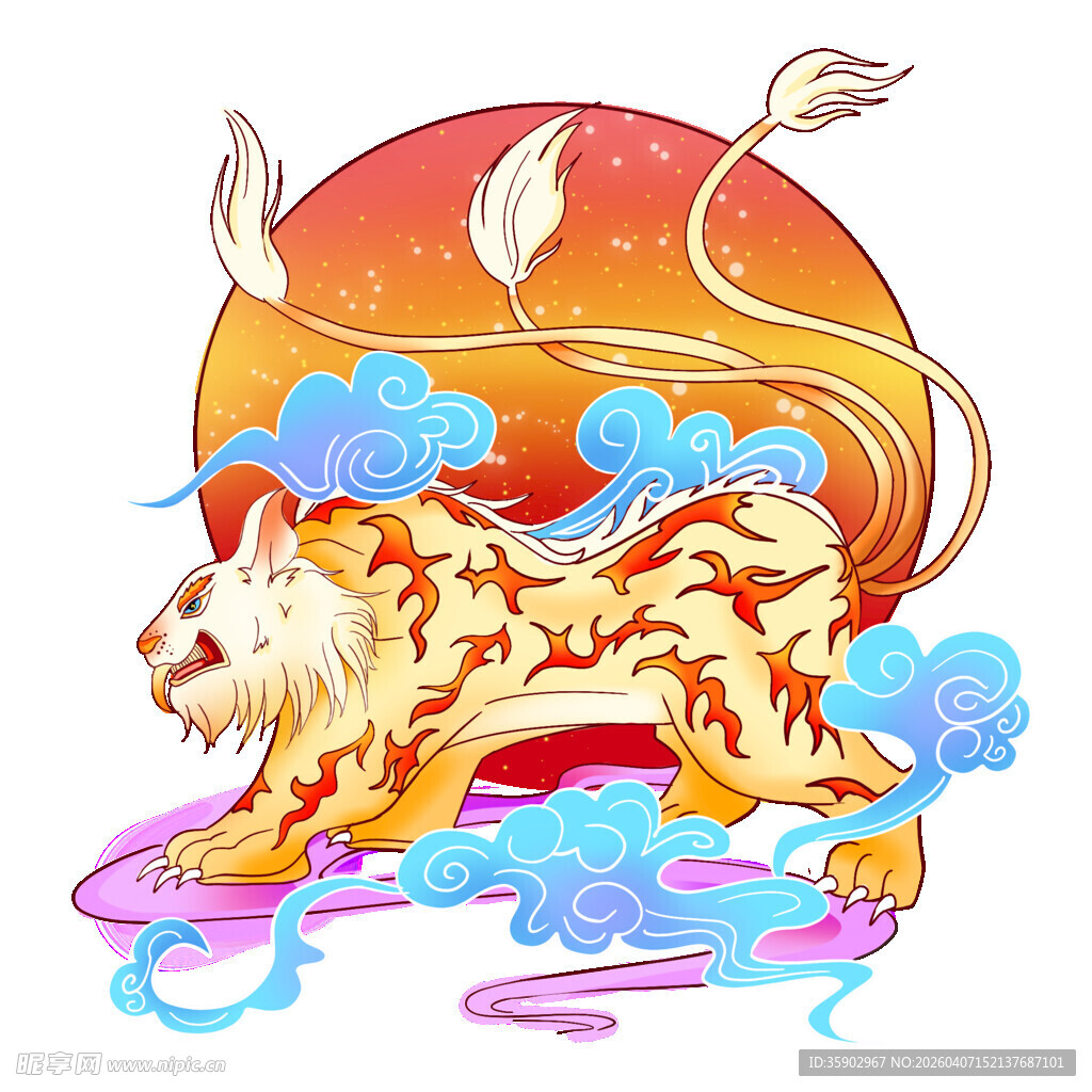 瑞兽灵猫伴祥云与圆月