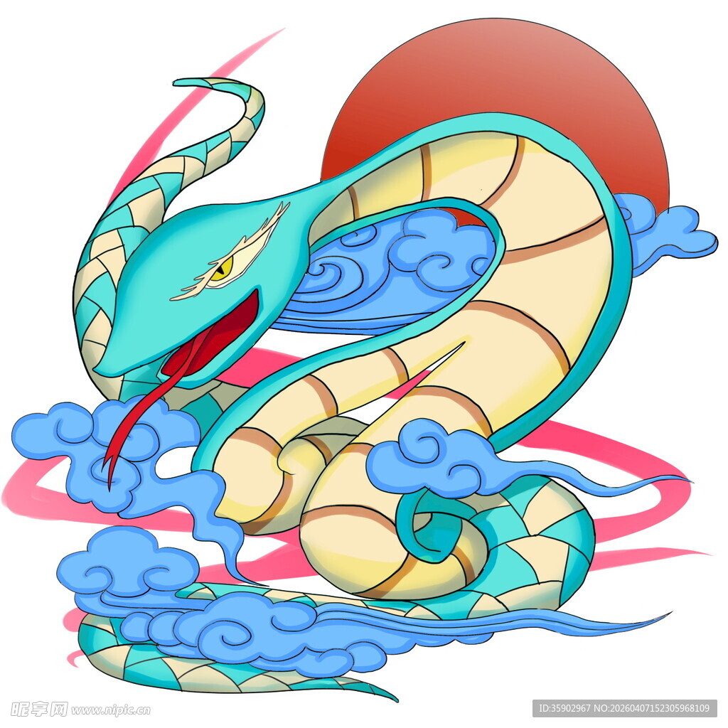 神话蓝蛇伴云与红月