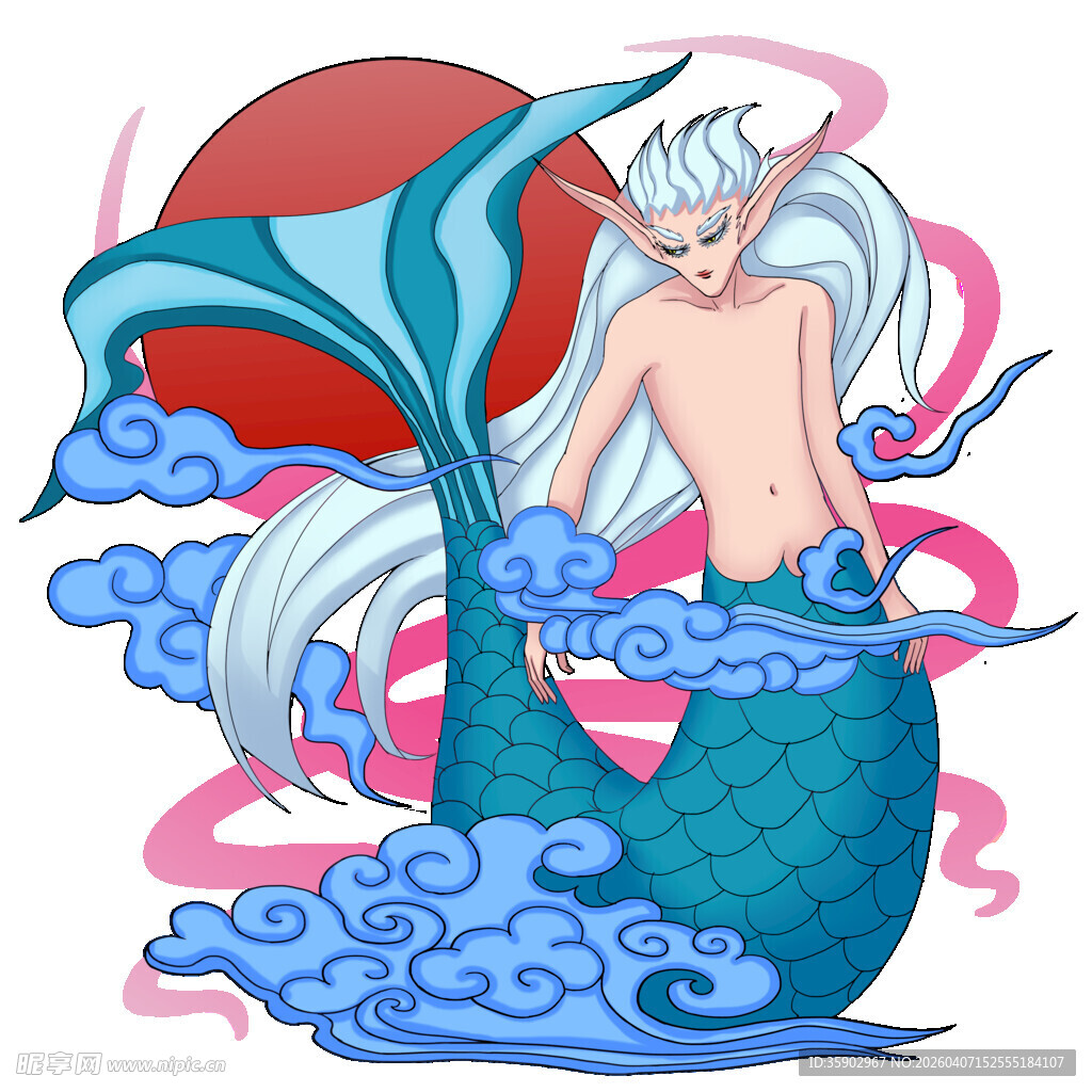 梦幻蓝尾美人鱼于云海间