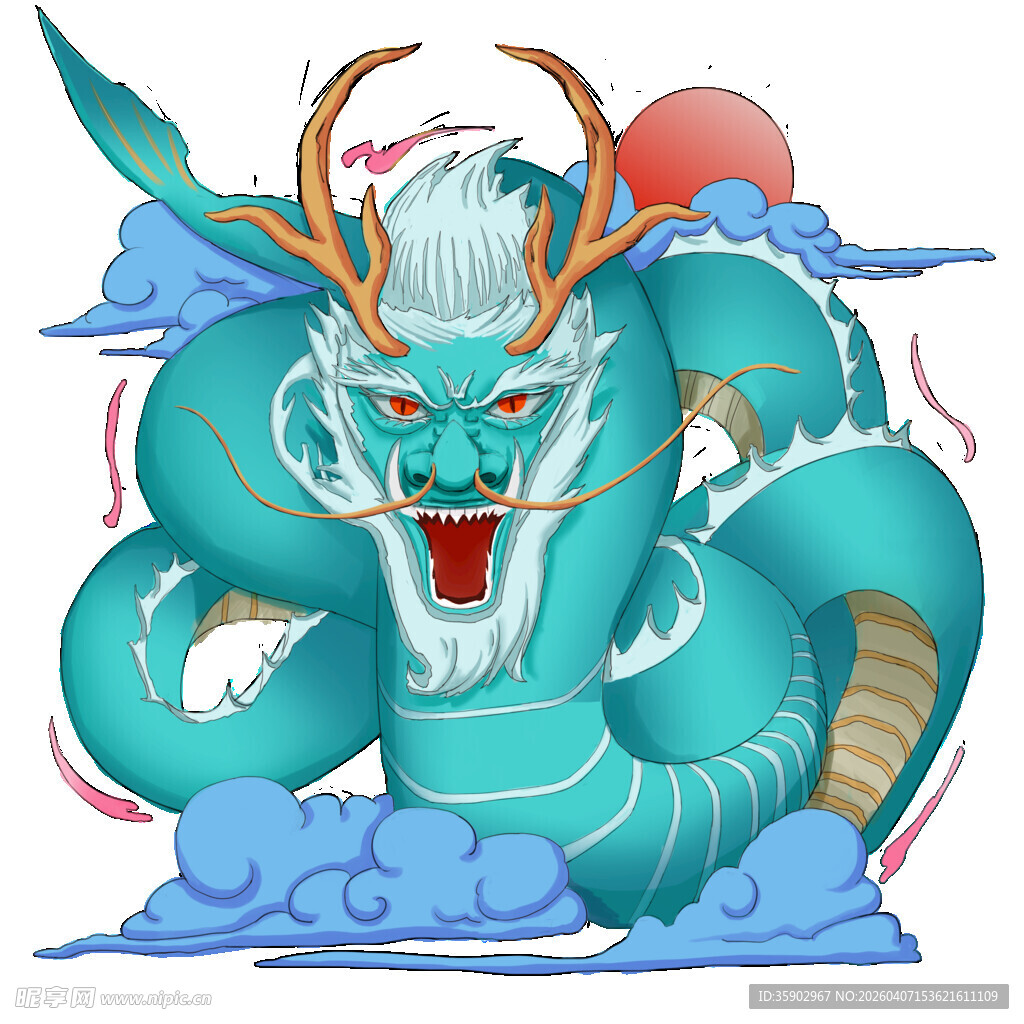 蓝色祥龙伴云浪与红日