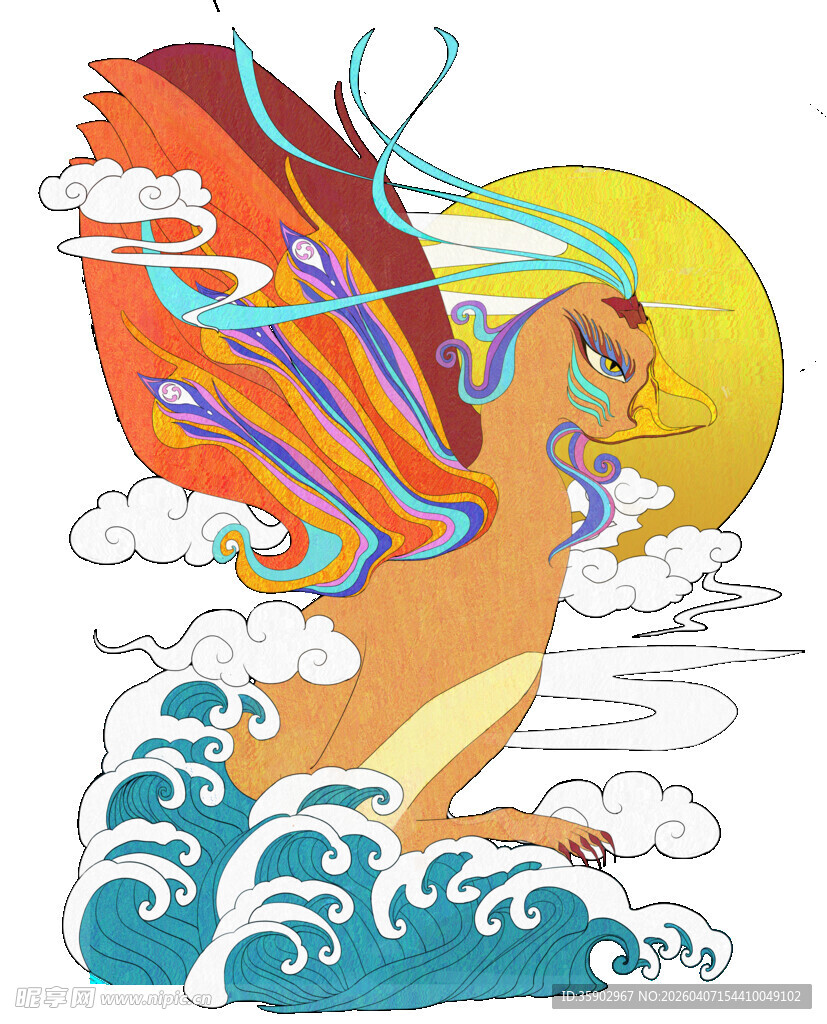 凤凰踏浪戏日图