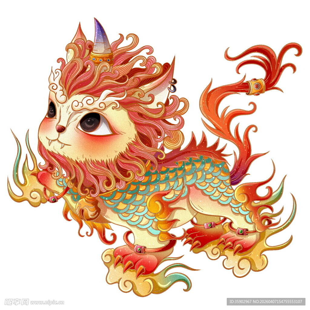 可爱祥瑞麒麟国风插画