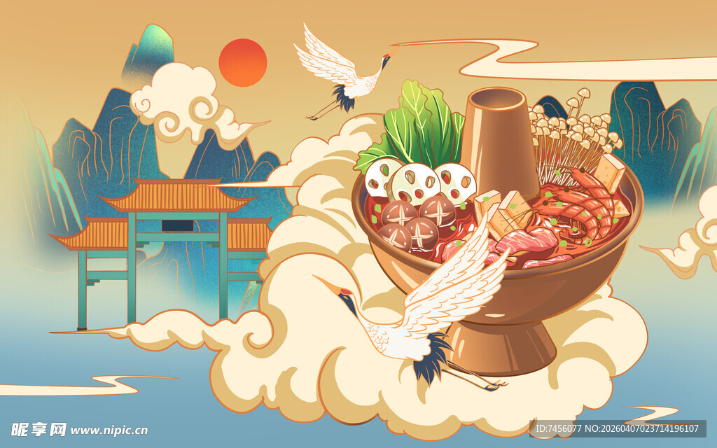 中式美食与自然景观插画
