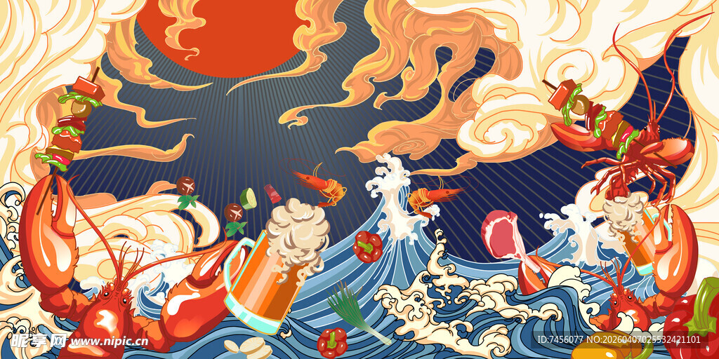 国潮风海鲜主题插画