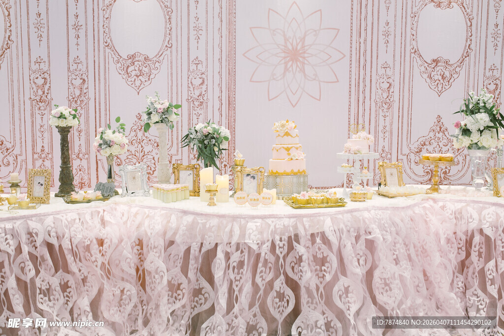 浪漫粉色系婚礼甜品桌
