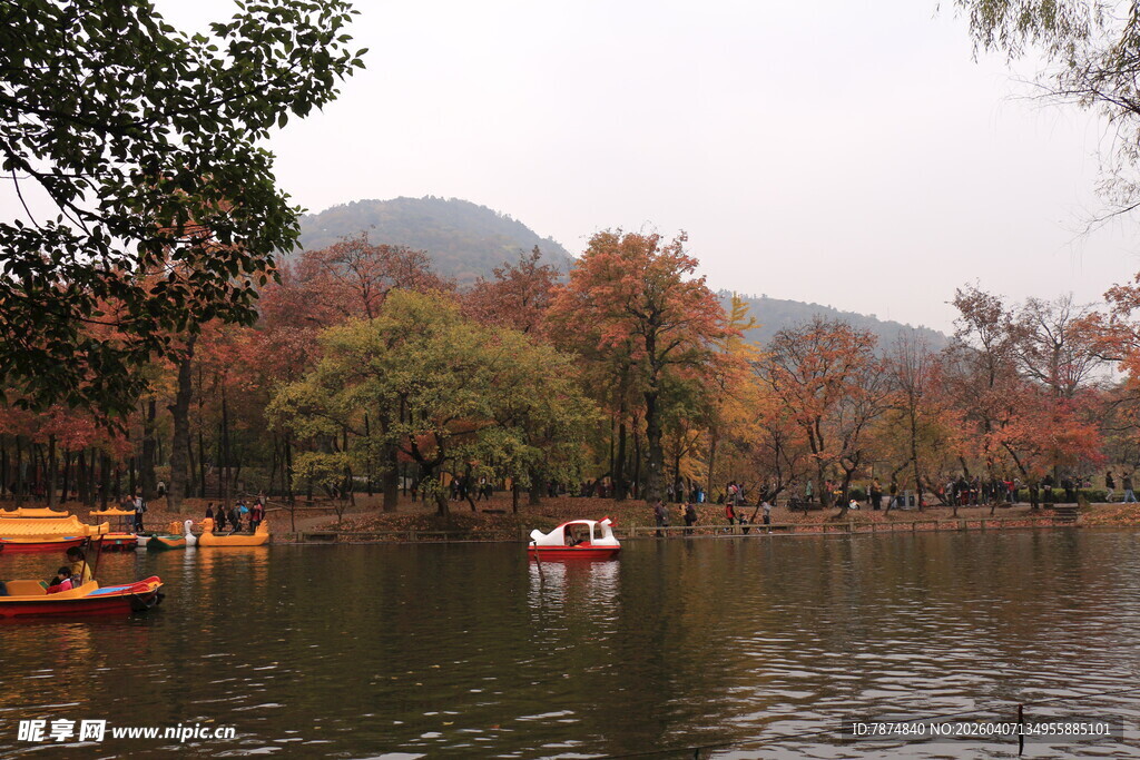 秋日湖畔泛舟美景
