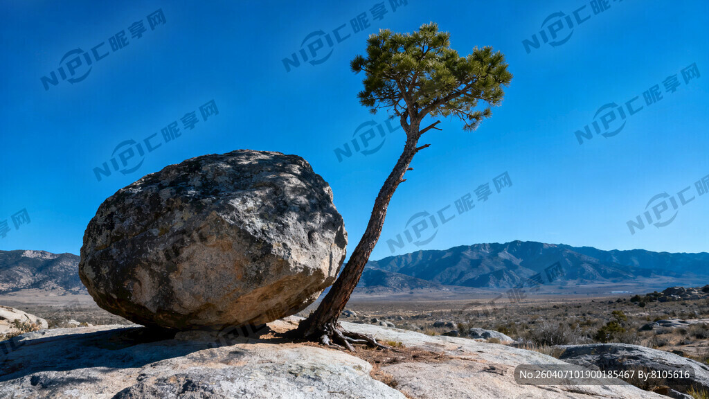 远山 蓝天 小树仍顶起巨石