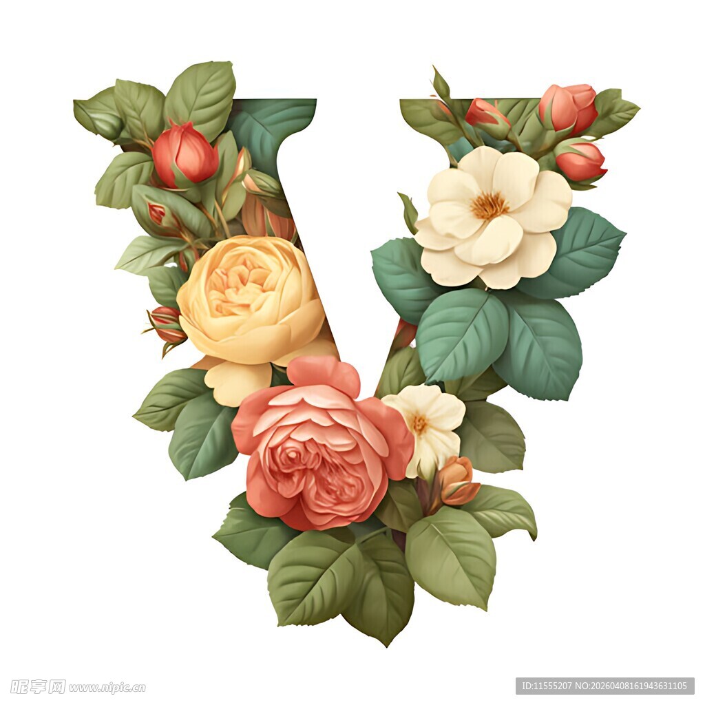 花卉装饰的字母V