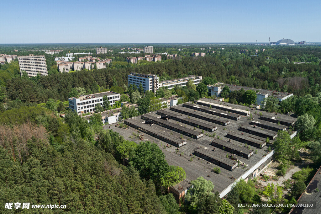 鸟瞰绿树环绕的工业建筑群