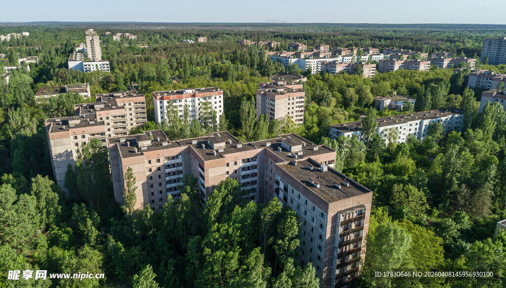 森林环绕的废弃居民建筑群