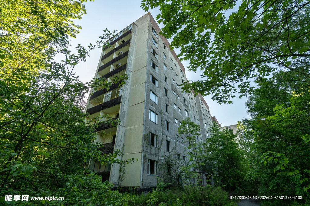 绿树环绕中的多层住宅楼