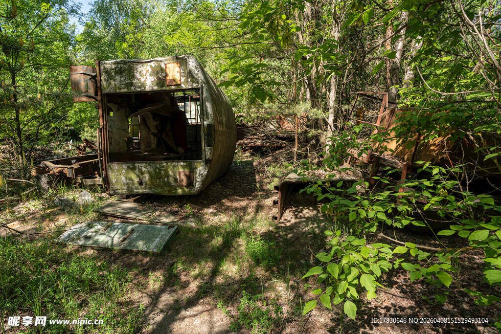 森林中的废弃破旧车厢