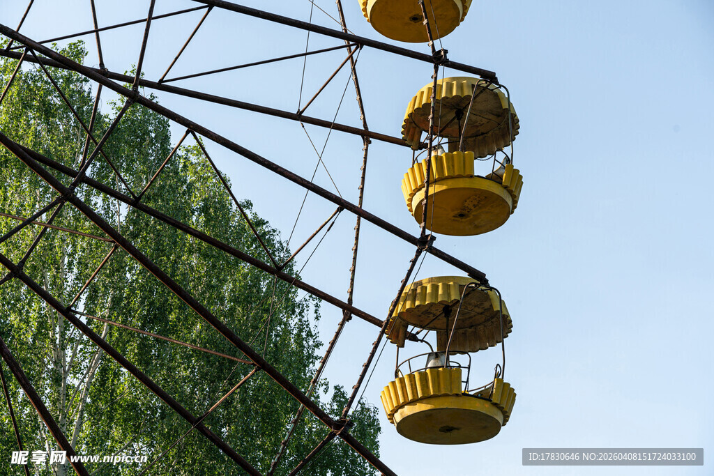 蓝天绿树间的黄色摩天轮