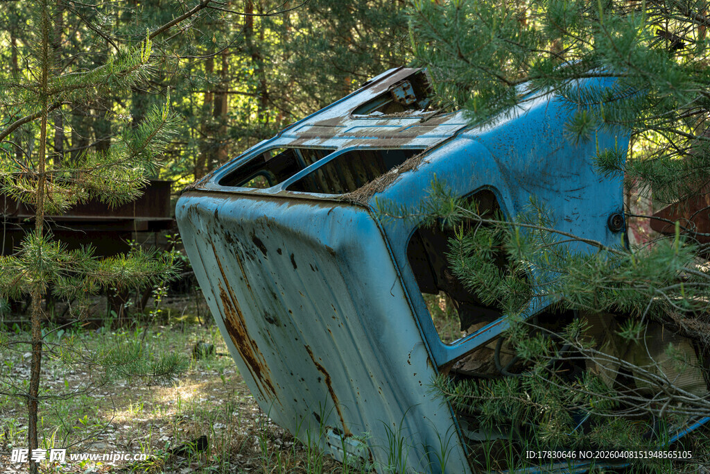 森林中废弃的蓝色汽车残骸