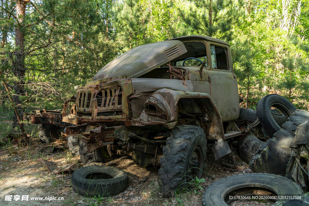 森林中废弃的破旧卡车